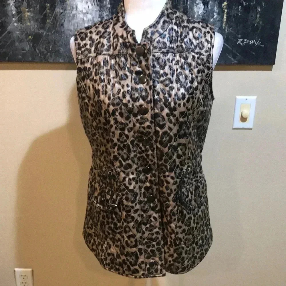 V Cristina Faux Leather Animal Print Vest w/Pockets & Adjustable Tie Belt-Size M